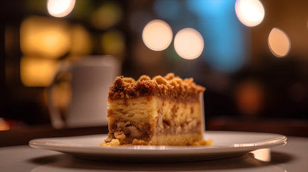 A piece of cake on a plate on a table in a cafeの素材
