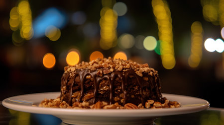 Chocolate cake with nuts on a white plate on a blurred backgroundの素材