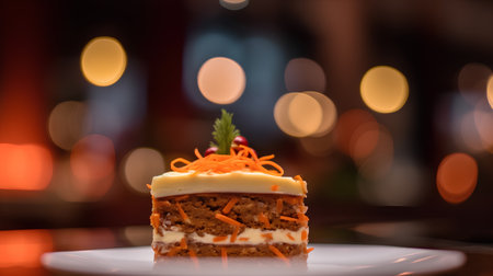 Delicious carrot cake on a white plate with bokeh backgroundの素材
