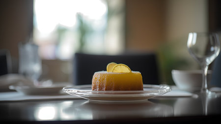Orange cake with lemon on the table in a restaurant. Selective focus.の素材