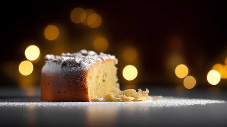 Cake with powdered sugar on a dark background with bokehの素材