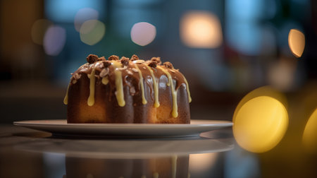 Lemon bundt cake with caramel glaze on a white plateの素材