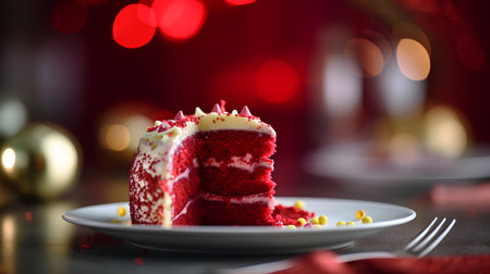 Red velvet cake on a plate with Christmas lights in the background.の素材