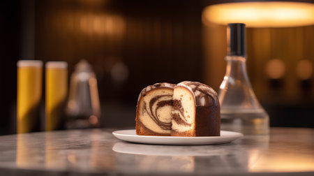 Chocolate roll cake on a white plate on a table in a restaurantの素材