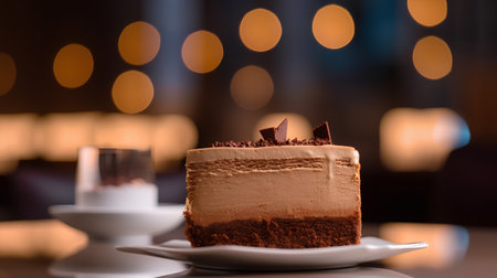 Chocolate cake with chocolate shavings on a white plate with bokeh backgroundの素材