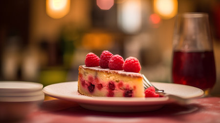 Delicious cheesecake with raspberries on a white plate.の素材