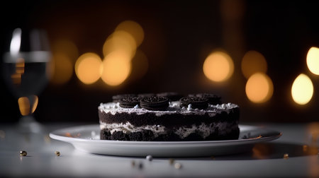 Chocolate cake on a white plate with candles in the background.の素材
