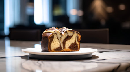 Chocolate bundt cake on a white plate on a table in a cafeの素材