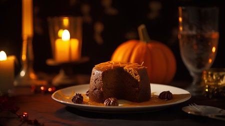 Chocolate bundt cake with caramel on top served with pumpkinsの素材