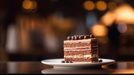 Piece of chocolate cake on a saucer on a blurred backgroundの素材