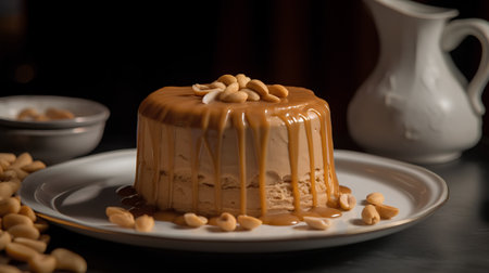 Caramel pudding with caramel sauce and peanuts on a dark background.の素材