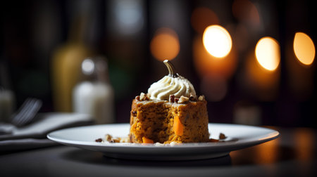 Pumpkin bundt cake with whipped cream and nuts on a dark backgroundの素材
