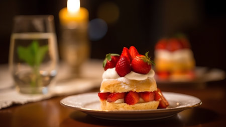 Strawberry tart with whipped cream and fresh berries on a wooden tableの素材