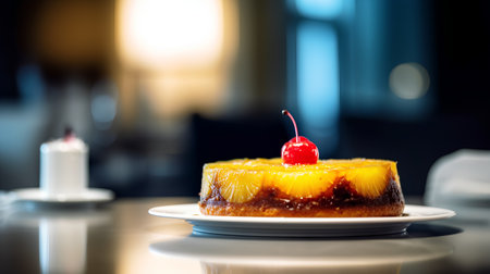 Cake with cherry on the table in a cafe. Toned.の素材