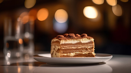 Tiramisu cake on a white plate on a table in a restaurantの素材