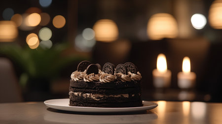 Chocolate cake with cream on a white plate on a dark backgroundの素材