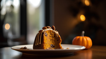 Pumpkin bundt cake on a white plate on a wooden tableの素材