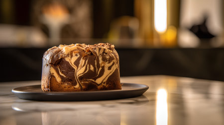 Chocolate bundt cake on a black plate on a table in a cafeの素材
