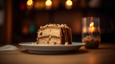A piece of cake with hazelnuts on a plate on a wooden tableの素材