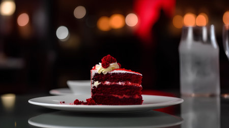 Red velvet cake on a white plate on a black table in a restaurantの素材