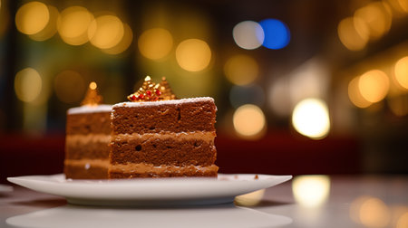 Birthday cake on a white plate on a background of defocused lightsの素材
