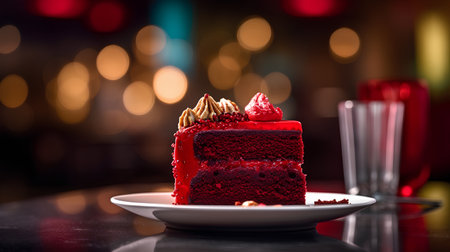 Red velvet cake on a white plate on a background of blurred lightsの素材