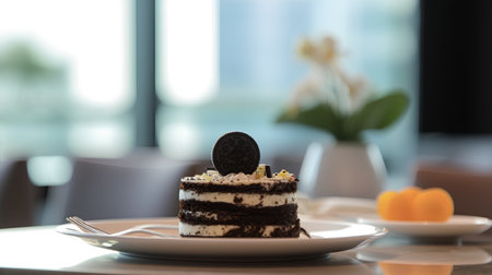 Delicious tiramisu cake on table in cafe, closeupの素材