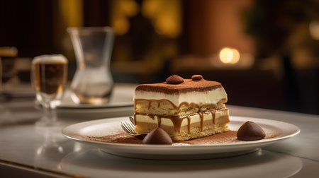 Tiramisu cake on a white plate on a restaurant tableの素材