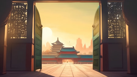 Chinese temple gate at sunset, asian architecture, 3d renderの素材