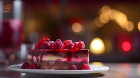Piece of cake with raspberries on a white plate, blurred backgroundの素材