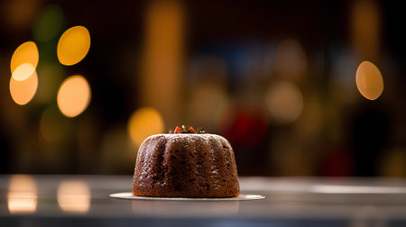 Chocolate bundt cake on the table with blurred lights in the backgroundの素材
