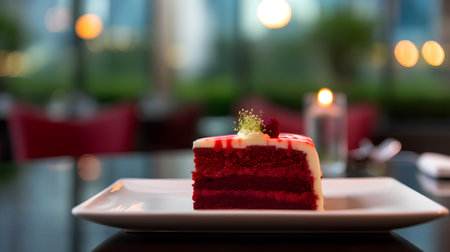 Red velvet cake on a white plate in a restaurant. Selective focus.の素材