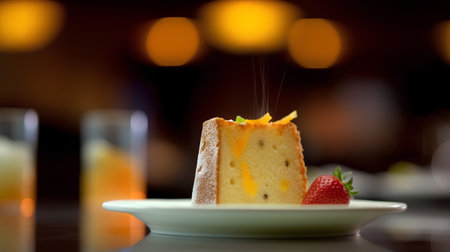 cake with orange and strawberry on the table in a restaurant. selective focusの素材