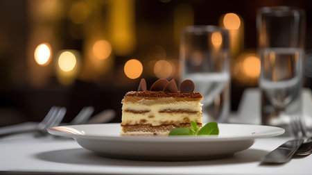 Tiramisu cake on a white plate, selective focus.の素材