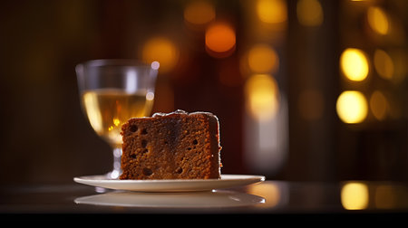Chocolate cake with a glass of white wine on a dark backgroundの素材