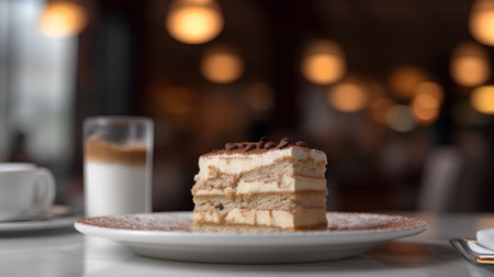 Delicious tiramisu cake on table in cafe, closeupの素材