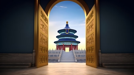 Chinese temple entrance with blue sky and golden door at night render illustrationの素材
