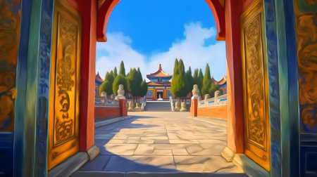 Temple gate in the blue sky, 3d rendering. Computer digital drawing.の素材
