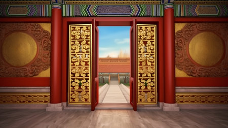 Chinese temple entrance with golden door and golden pattern wall in 3dの素材