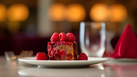 Chocolate cake with raspberries on a white plate on a table in a restaurantの素材