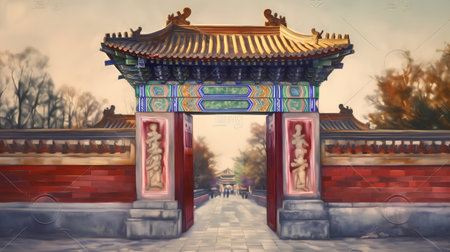 Chinese ancient gate in the Forbidden City, Beijing, China. Digital painting.の素材