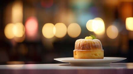 Sweet cake on the table in a restaurant. Blurred background.の素材