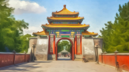 Chinese gate in the ancient city of Beijing, China. Digital painting.の素材