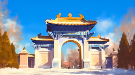 ancient Chinese gate in the snow with blue sky and clouds backgroundの素材