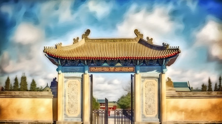 Chinese gate in the park with blue sky and white clouds, digital paintingの素材