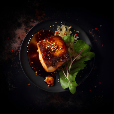 Grilled fish fillet with soy sauce and salad on black plate.の素材