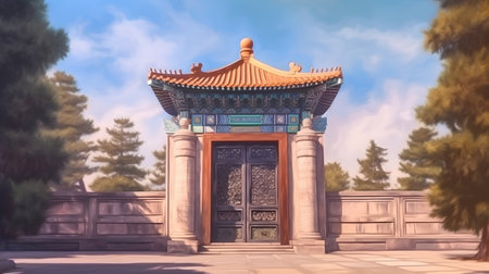 Chinese style gate in chinese garden with blue sky and white cloudsの素材