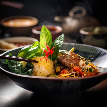 Bowl of rice with meat and vegetables on a dark background.の素材