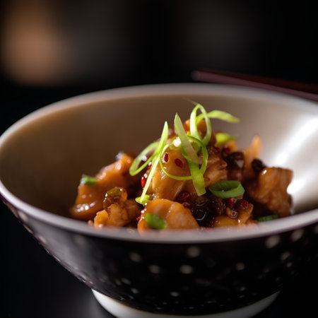 japanese cuisine, sweet and sour pork in a bowl on black backgroundの素材