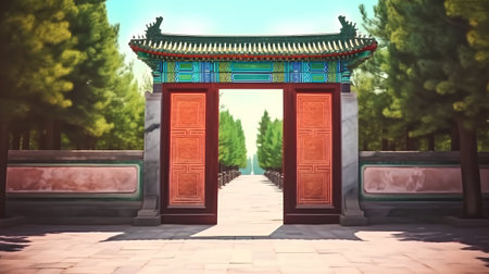 Chinese ancient gate and gate in the park, Beijing, China.の素材